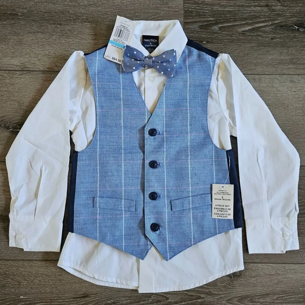 Nautica Boys Kids Beige 4pc Blue Suit Outfit Sz 5 NWT Shirt Pants Vest Bow tie